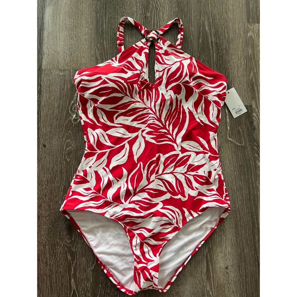 NEW Apt. 9 Swimsuit One Piece Women‎ Petite XXL Red Tropical Ring Keyhole Halter